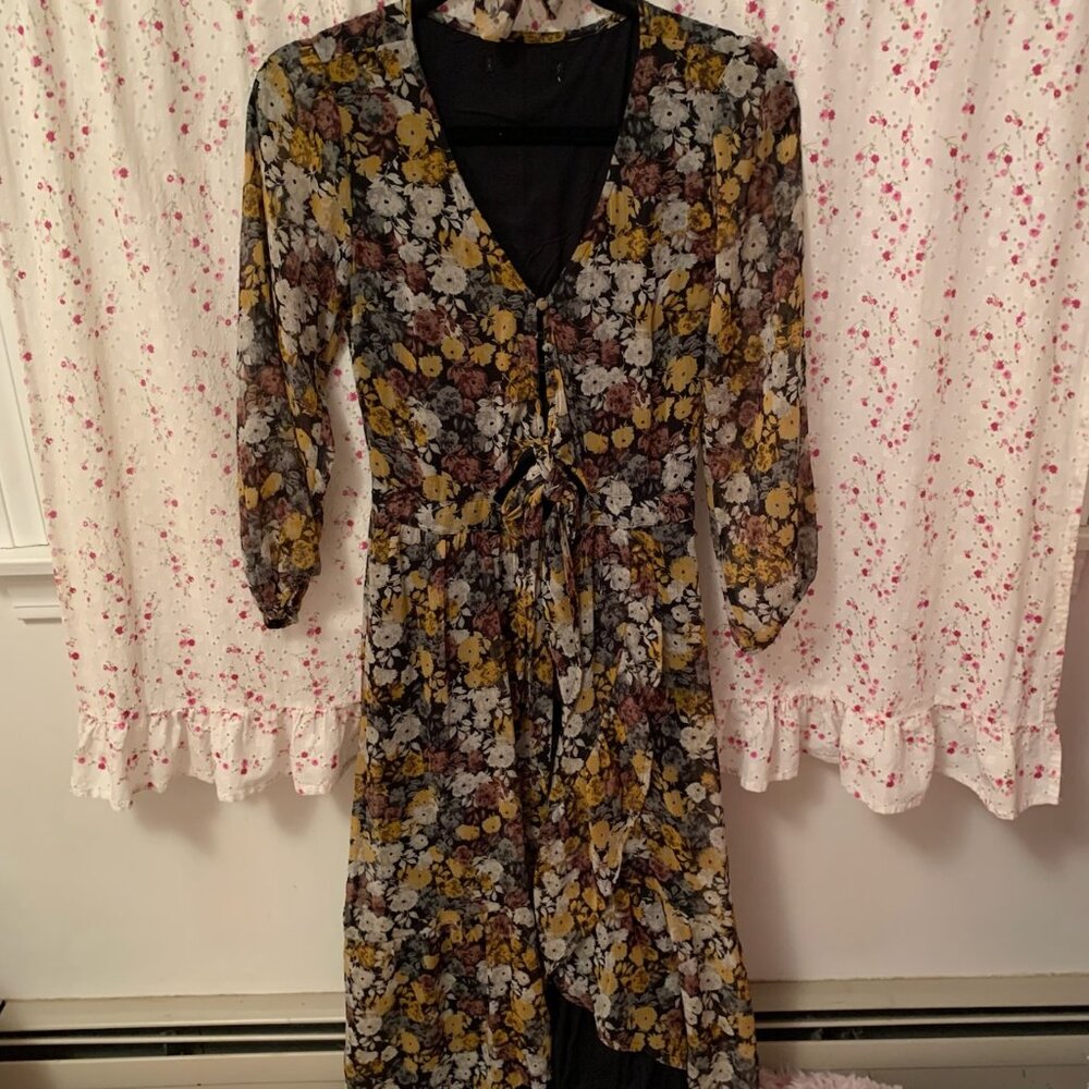 Abercrombie & Fitch Brown/Gold/Grey Floral High-Low Midi/Maxi Dress- XS Petite
